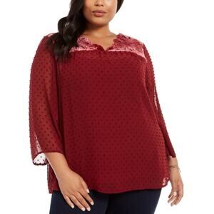 Style & Co Swiss-Dot Velvet-Yoke Blouse  Women's Large Red